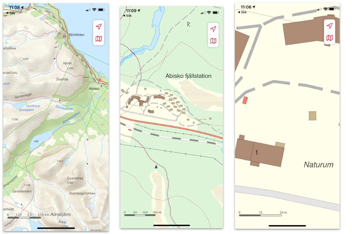 Abisko fjällstation på kartan i olika nivåer